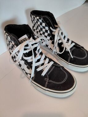 Vans High Top Checkerboard Sneakers in Black and White